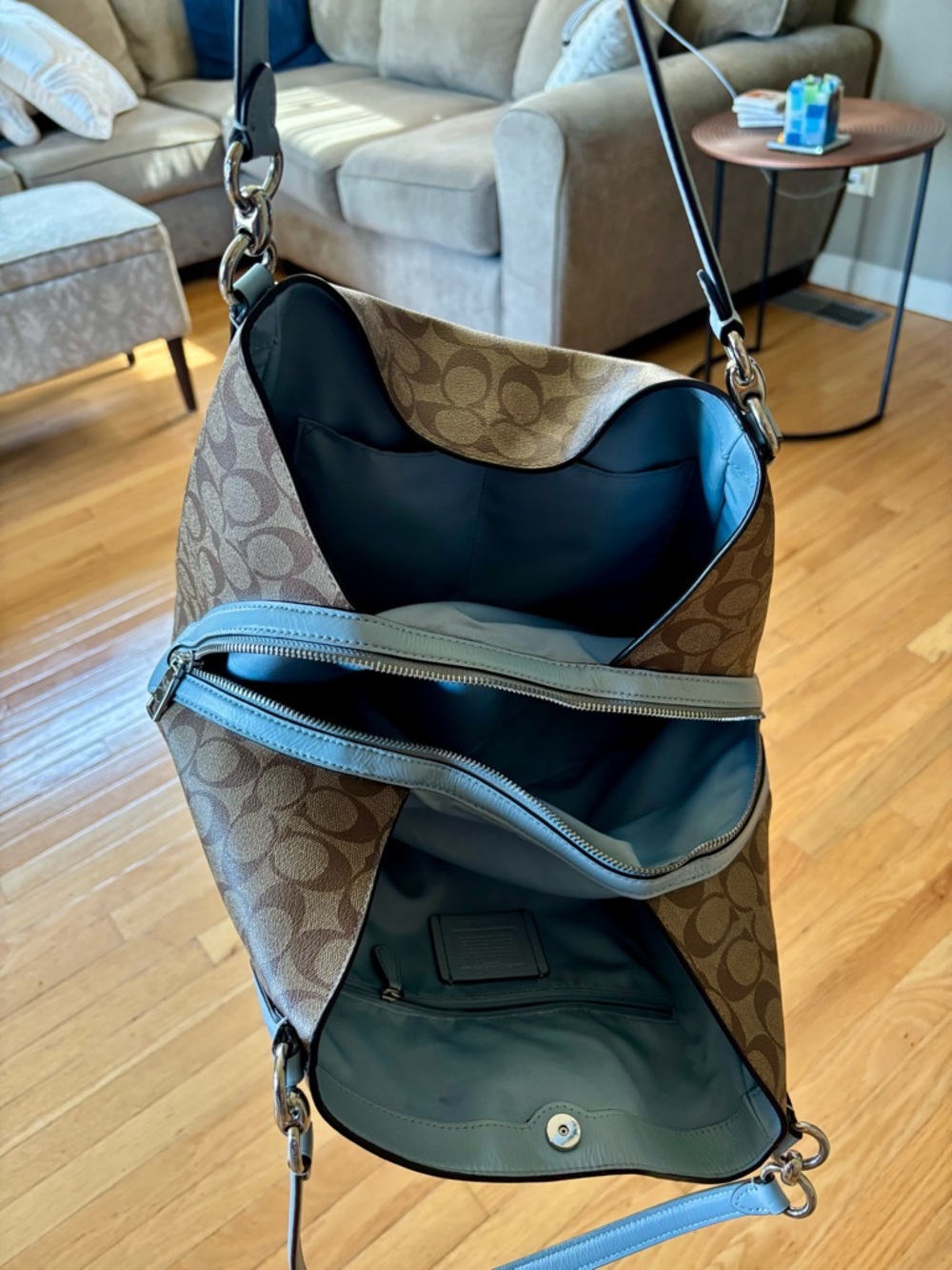 Coach Large Signature Canvas Shoulder Bag with Light Blue Trim - Picture 5 of 11